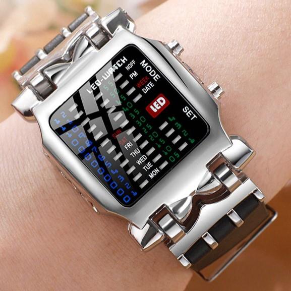 Модные бинарные спортивные часы, мужские часы с ремешком из нержавеющей стали, креативные часы со светодиодным дисплеем, водонепроницаемые цифровые наручные часы 30 м