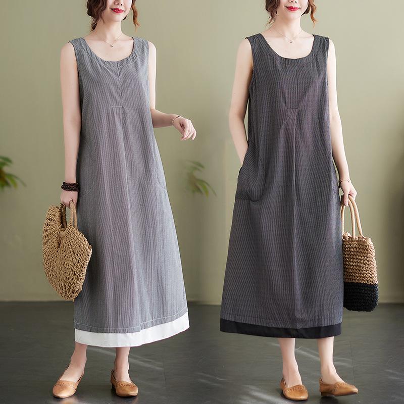 Summer Literary Plus Size Loose Casual Sleeveless Vest Medium Long Dress for Women Casual Dresses