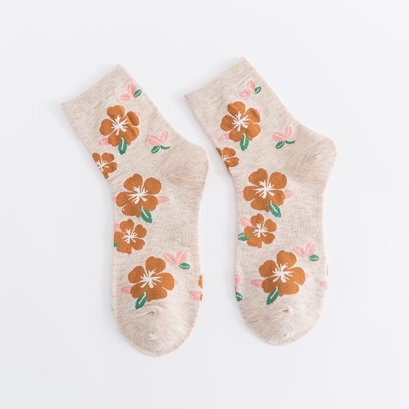 10 пар женских носков средней длины с цветочным рисунком из хлопка в винтажном стиле, новинка, теплые повседневные носки до щиколотки с оборками
