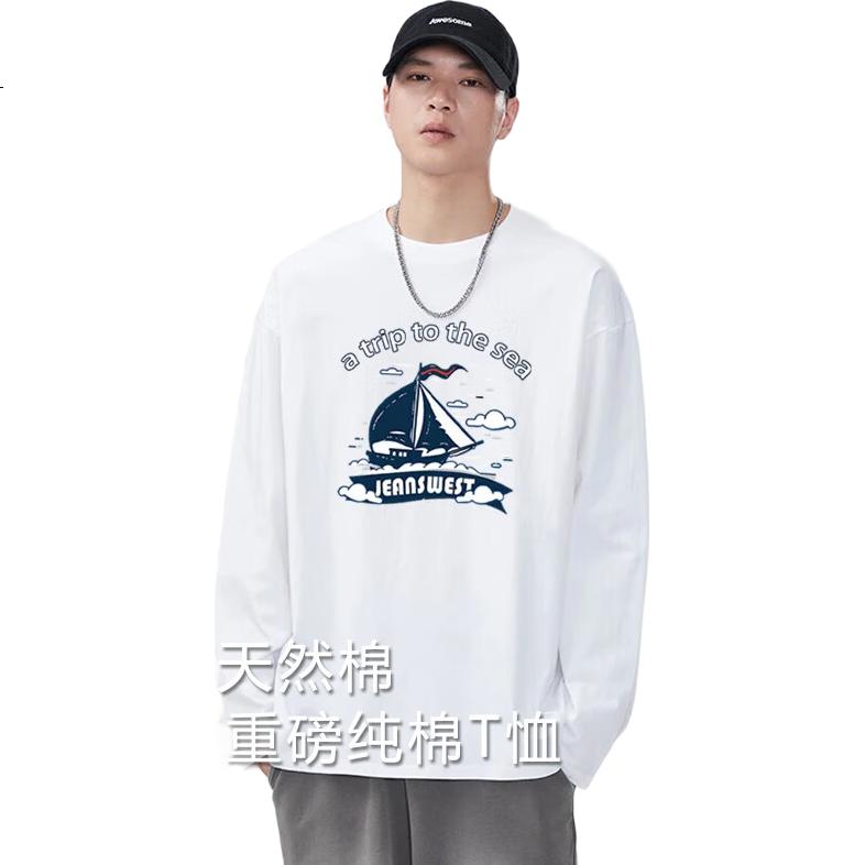 Jeanswest Men's Long-Sleeve T-Shirt, 220g Heavyweight, Spring 2026 Trendy Round Neck Top, Loose-Fitting Long Tee for Men, White, Size M
