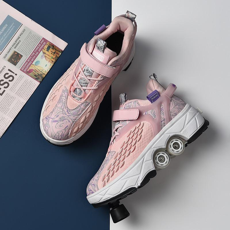 Обувь, меняющая форму. Роликовые коньки с четырьмя колесами для детей от 3 до 6 лет. Можно ходить и кататься на коньках. Интернет-знаменитости. Коньки для девочек.