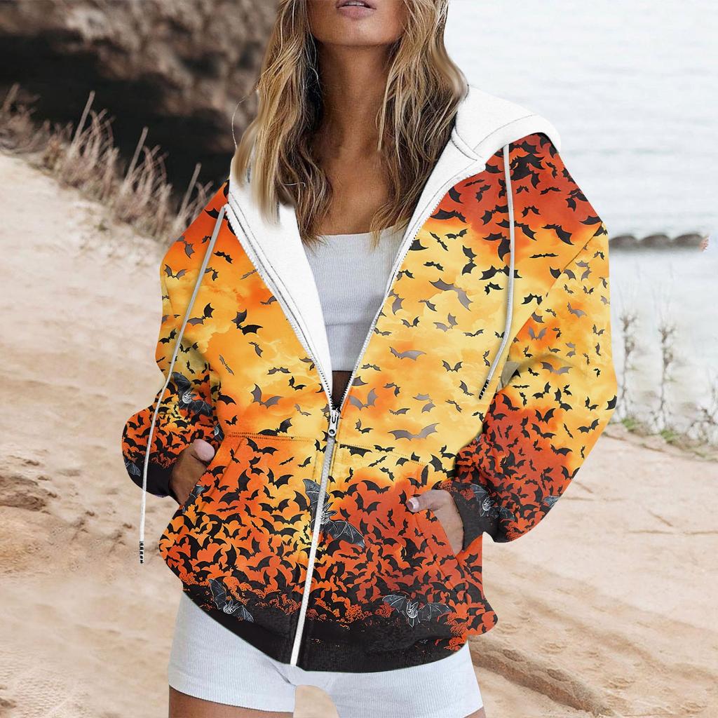 Женская толстовка с длинным рукавом и принтом на Хэллоуин, куртка с капюшоном и карманом на молнии