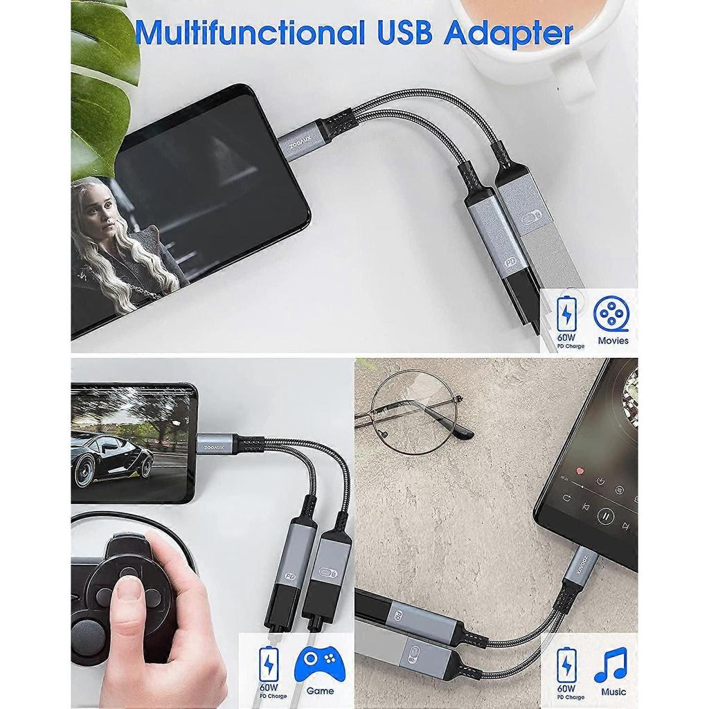 USB C на USB Адаптер OTG и Зарядный Кабель, 2 в 1 USB-C Разветвитель с 60W PD Зарядкой Type C OTG и USB A Женским Портом Совместимый с Chromecast Goo