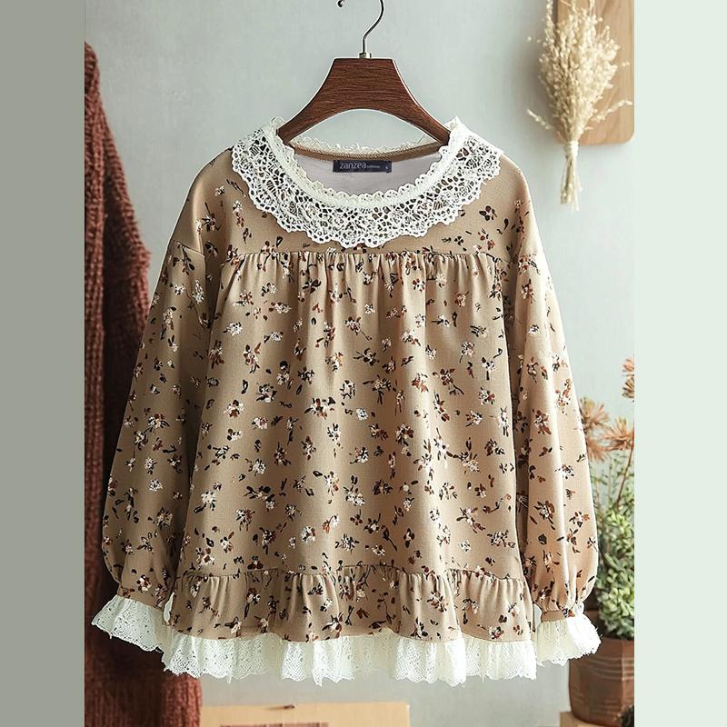ZANZEA Женские повседневные кружевные блузки с круглым вырезом и цветочным принтом с длинным рукавом