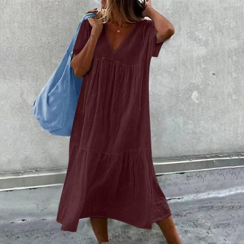 Summer Women's Round Neck Short Sleeved Mid Length Dress