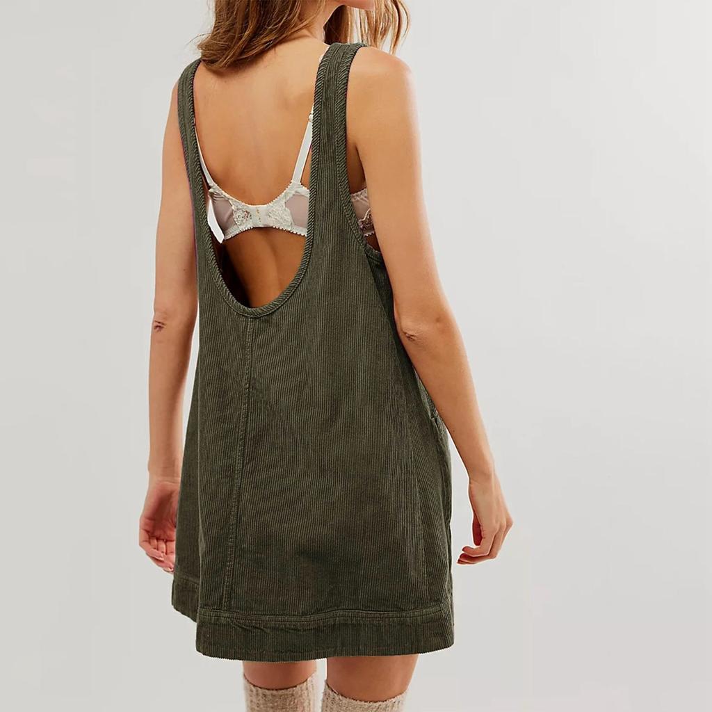 Женское модное вельветовое однотонное платье-сарафан с круглым вырезом и карманами