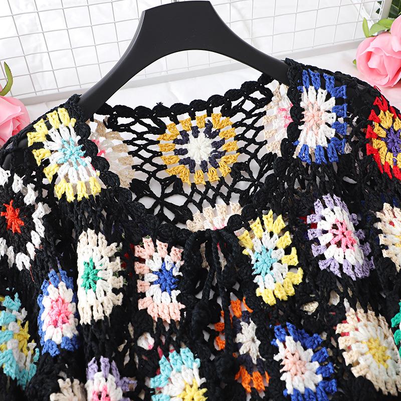 Women's Handmade Crochet Cardigan Knit Sweater Hollow Out Jacket Ethnic Long Sleeve Top