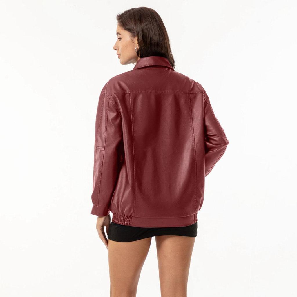 Осень-зима Женская приталенная куртка из искусственной кожи с воротником-лацканами и длинным рукавом на молнии