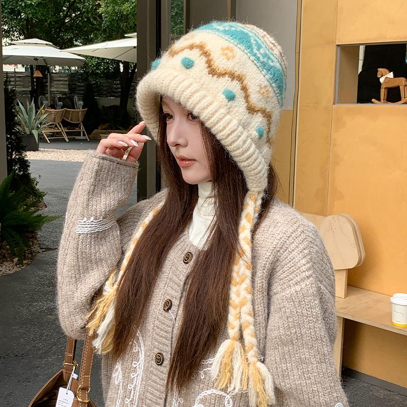 Mori retro jacquard knitted hat winter atmosphere hat women's Fair Island wool hat thermal ear hat