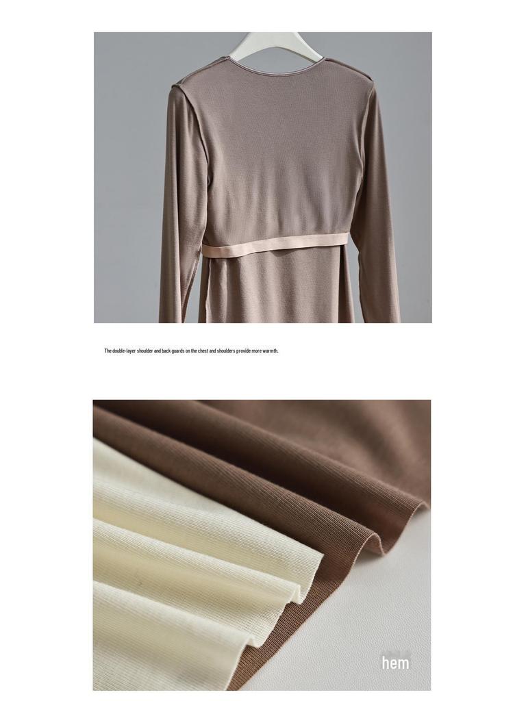 Women's Wool Square Collar Long Sleeve Thermal Shirt with Chest Pad