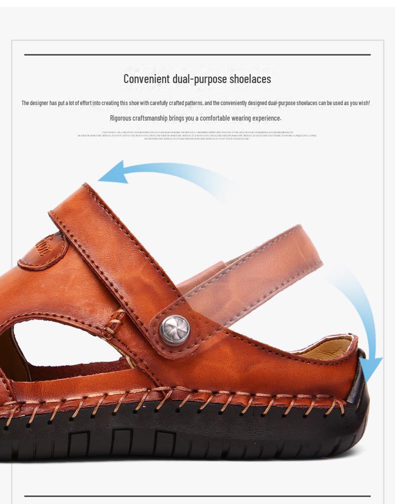 Мужские кожаные пляжные сандалии большого размера — модная летняя обувь с декоративными швами, идеально подходящая для повседневной носки на пляже или в городе.