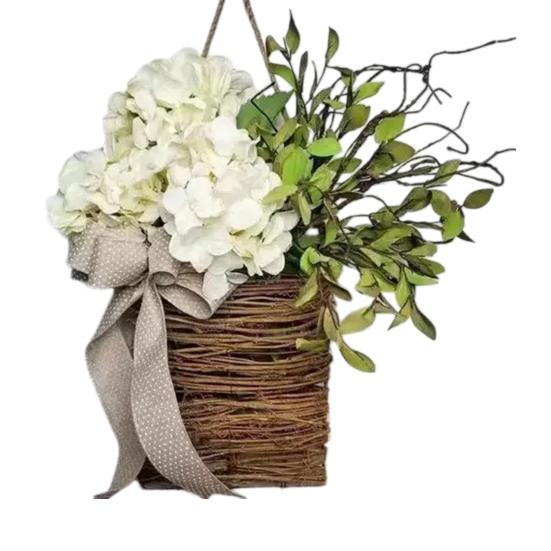 Door Hanger Basket Wreath Spring Summer Artificial Flowers in Wicker Basket for Front Door Rustic Rattan Hanging Basket Wreath for Home Porch Entryway