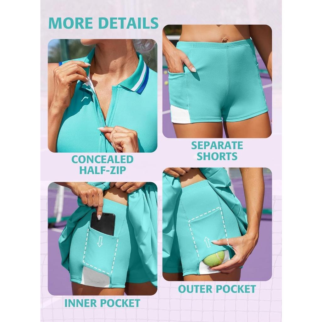 CHARMLEAKS Женские теннисные платья Ребристое платье-поло для гольфа Плиссированное тренировочное платье с половиной молний и встроенными шортами и бюстгальтером