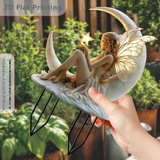 Акриловый садовый колышек с луной и феей, атмосферостойкое уличное украшение для двора, газона, патио, дорожки, убывающая луна, колышек с эльфом, палочка, орнамент
