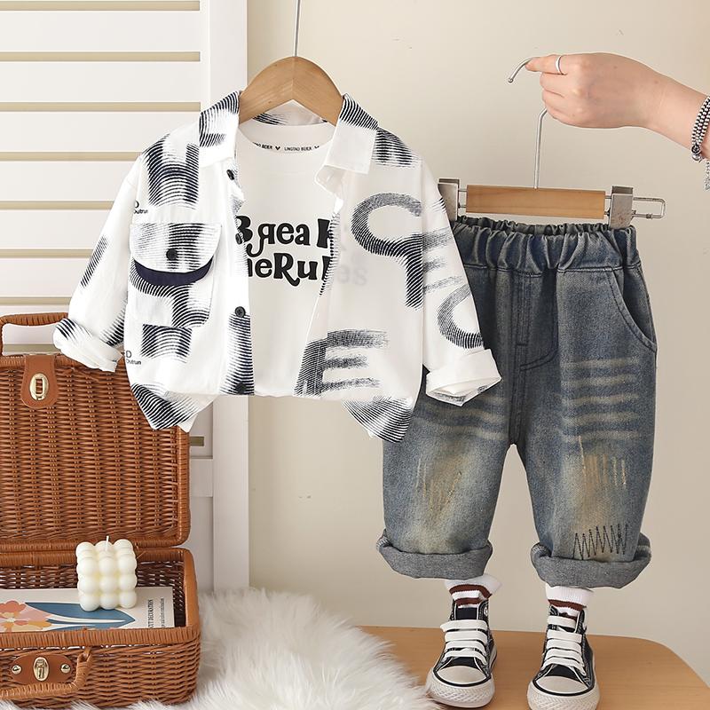 Комплект из 3 предметов с длинным рукавом для мальчиков, детский комплект с принтом: рубашка + белая футболка + повседневные брюки, одежда высокого качества