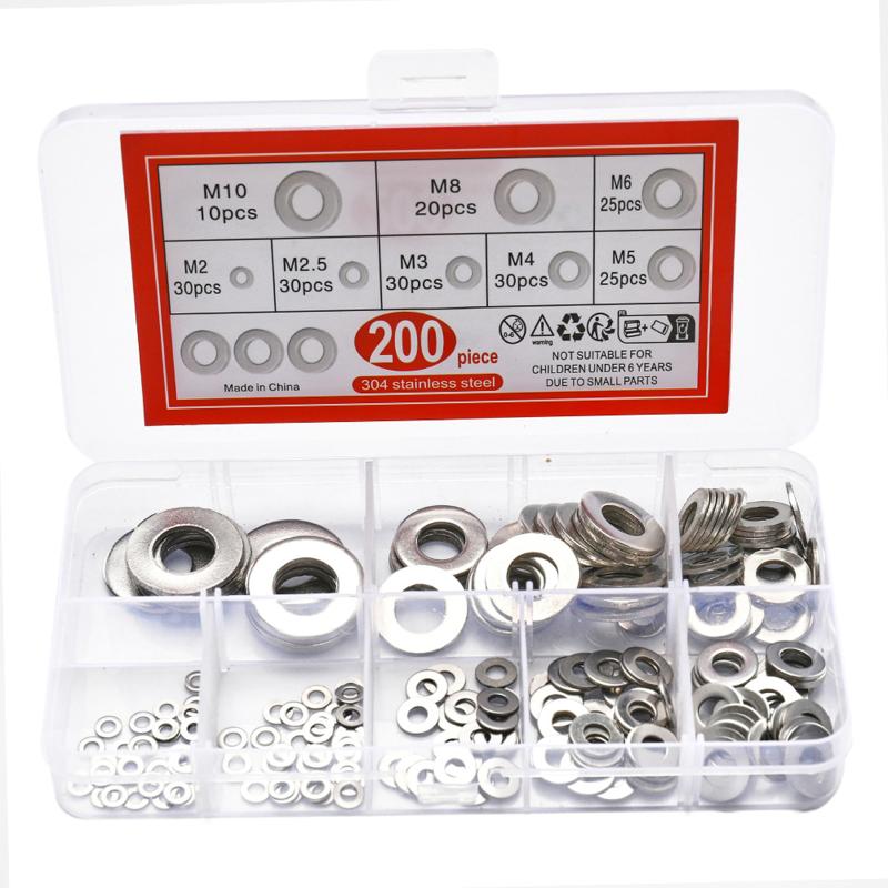 910/200 шт. Подходит для украшения дома Набор плоских шайб из нержавеющей стали 304 (M2 M2.5 M3 M4 M5 M6 M8 M10 M12)