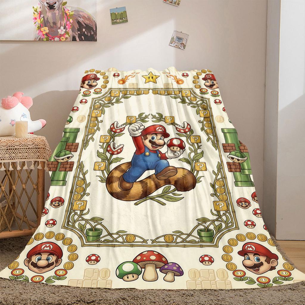 Super Mario Trendy 2D Print Flannel Blanket, Cartoon Theme for Home Decor, All-season Bed Travel Blanket_LIAN