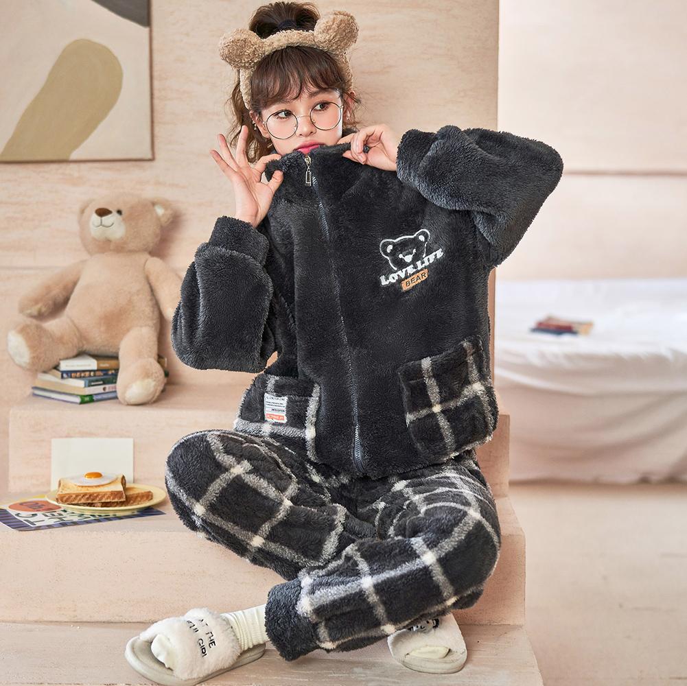 Зимний женский теплый пижамный комплект, одежда для сна из кораллового флиса, фланелевые плотные пижамы с героями мультфильмов, домашняя одежда большого размера, пижама большого размера