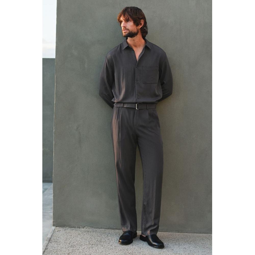 H M Belted Twill Pants Regular Fit Dark Grey