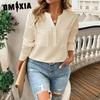 Женская рубашка с V-образным вырезом, повседневный однотонный пуловер