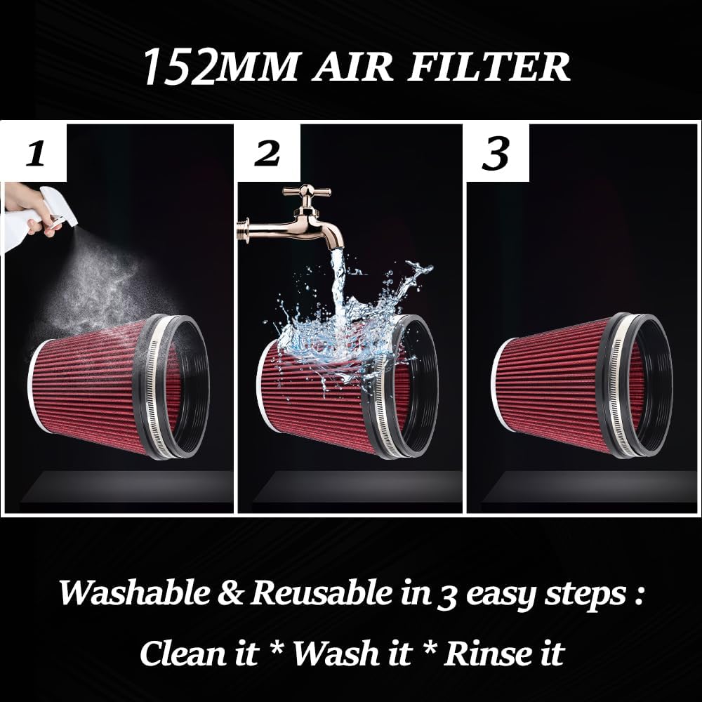 6" Inlet Cold Air Intake Filter Cone Replacement Performance Washable Clamp-On Dry Air Filters Red (6" Tall)