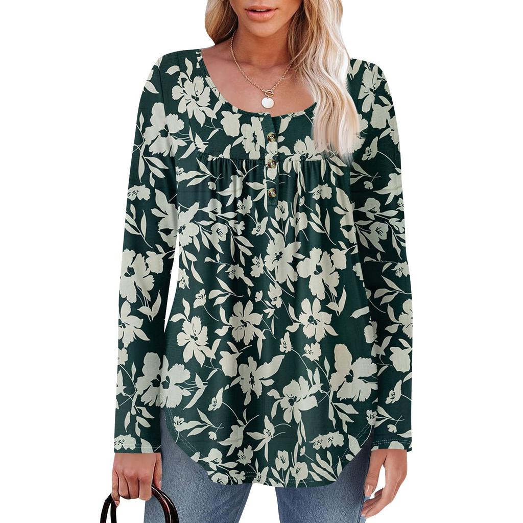 Женская туника с длинным рукавом, свободные топы, повседневные топы оверсайз, плиссированная туника, застегивающаяся на пуговицы, повседневные женские топы с принтом