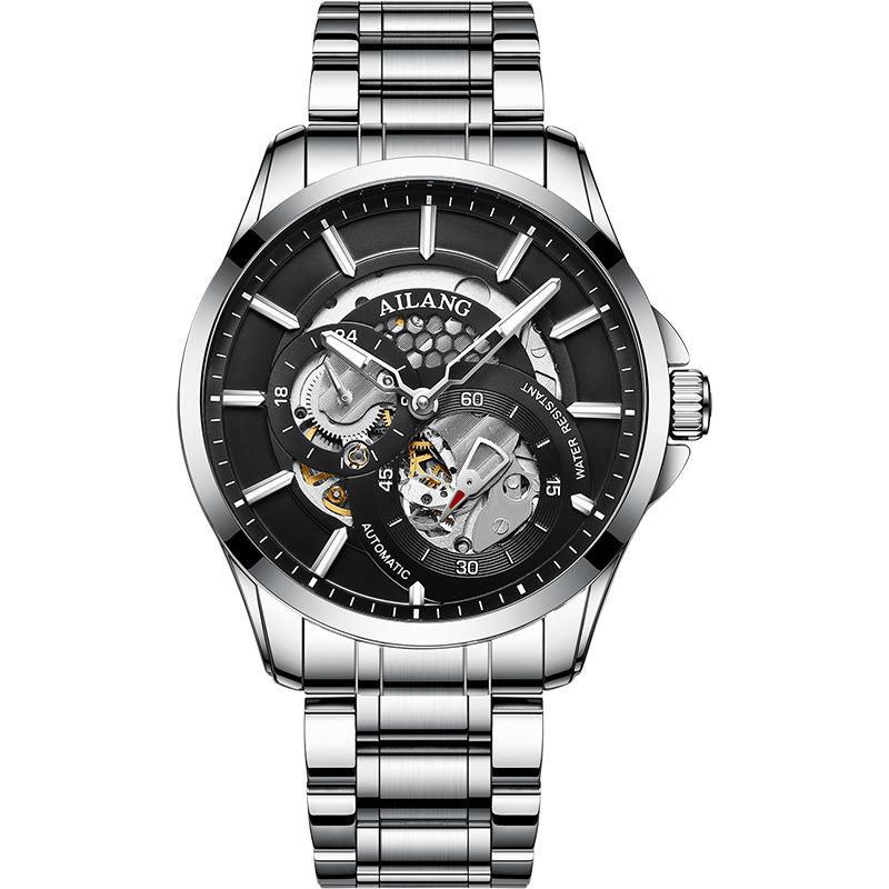 AILANG Men Automatic Mechanical Wristwatch Hollow Skeleton Dial Stainless Steel Band Business Sport Male Watch