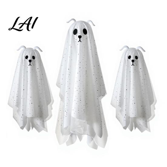 Outdoor Halloween Display Items 3 Pcs Lighted Dog Ghost Hanging Ornaments Spooky Flying Holiday Decorative Fabric Gauze with LED Light for Tree Porch