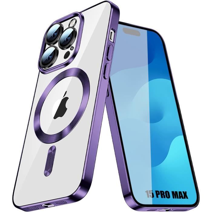 Case for iPhone 15 Pro Max - Transparent Protection with Purple Chrome Contour and Magnetic Circle