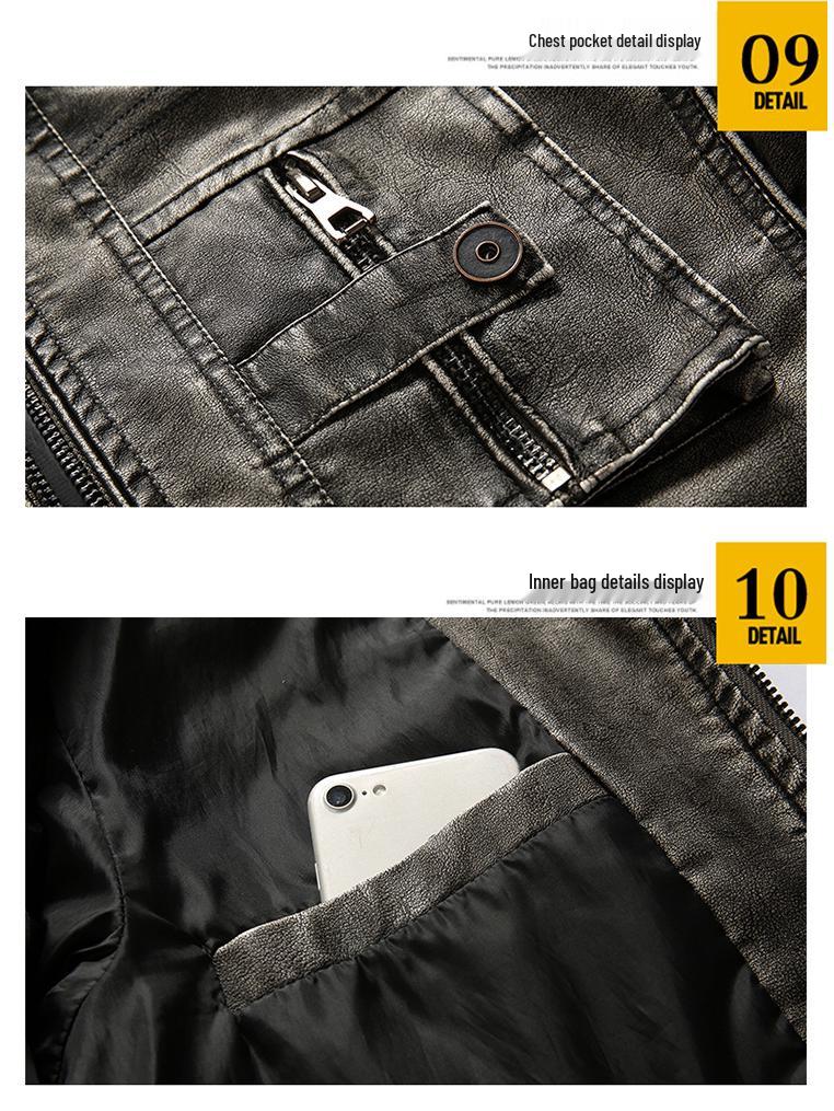 Black Youth Leather Jacket with Stand-up Collar & Side Seam Pockets