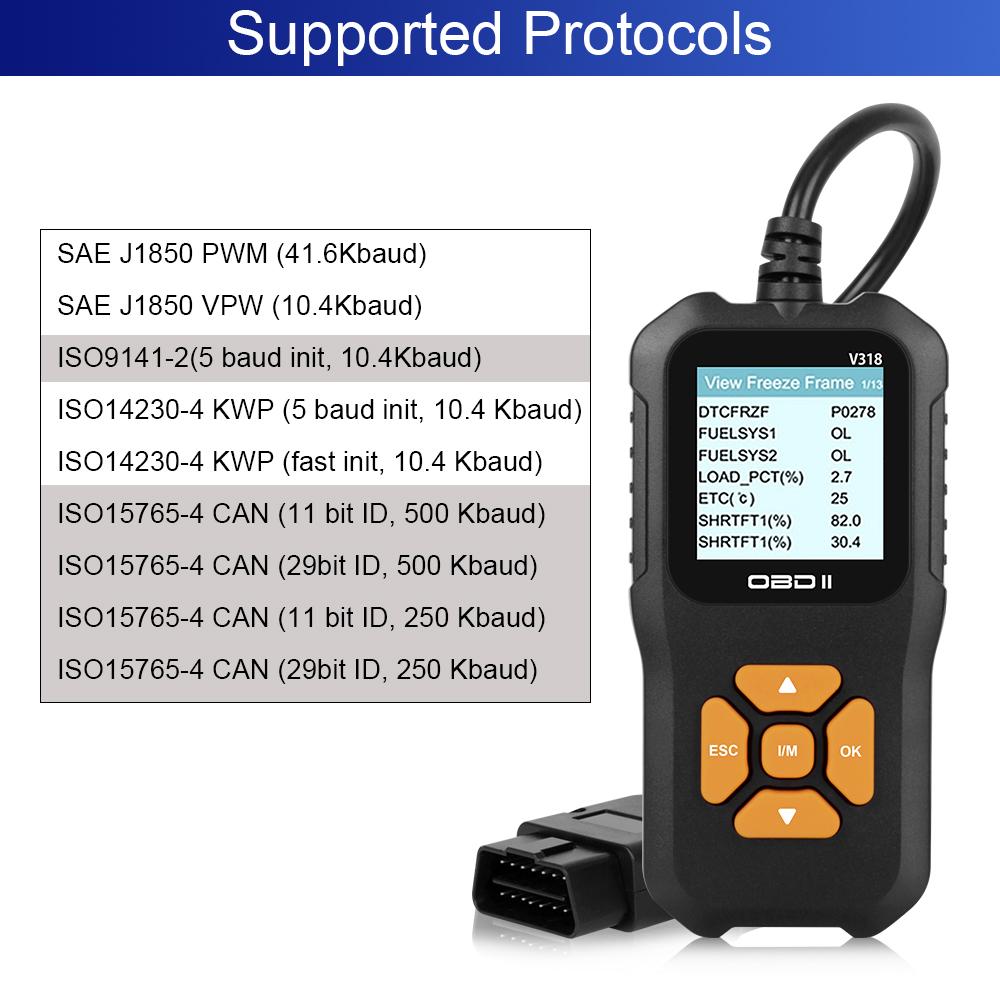 OBD2 Scanner Check Engine System Car Diagnostic Tool Multi-language Battery Tester Code Reader V318 Read Vehicle Information