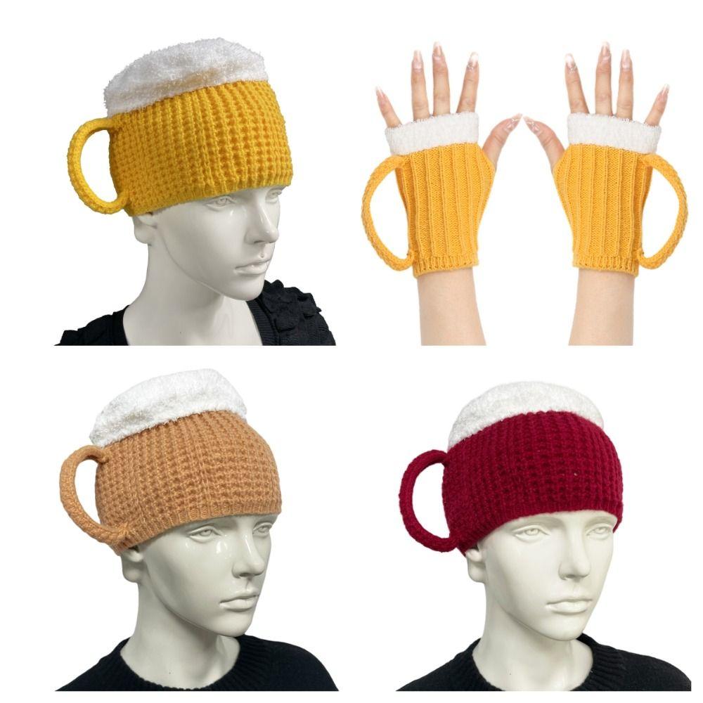 Creative 3D Beer Cup Hat Knitted Beer Cup Gloves Funny Beer Lovers Hairline Cap  Party