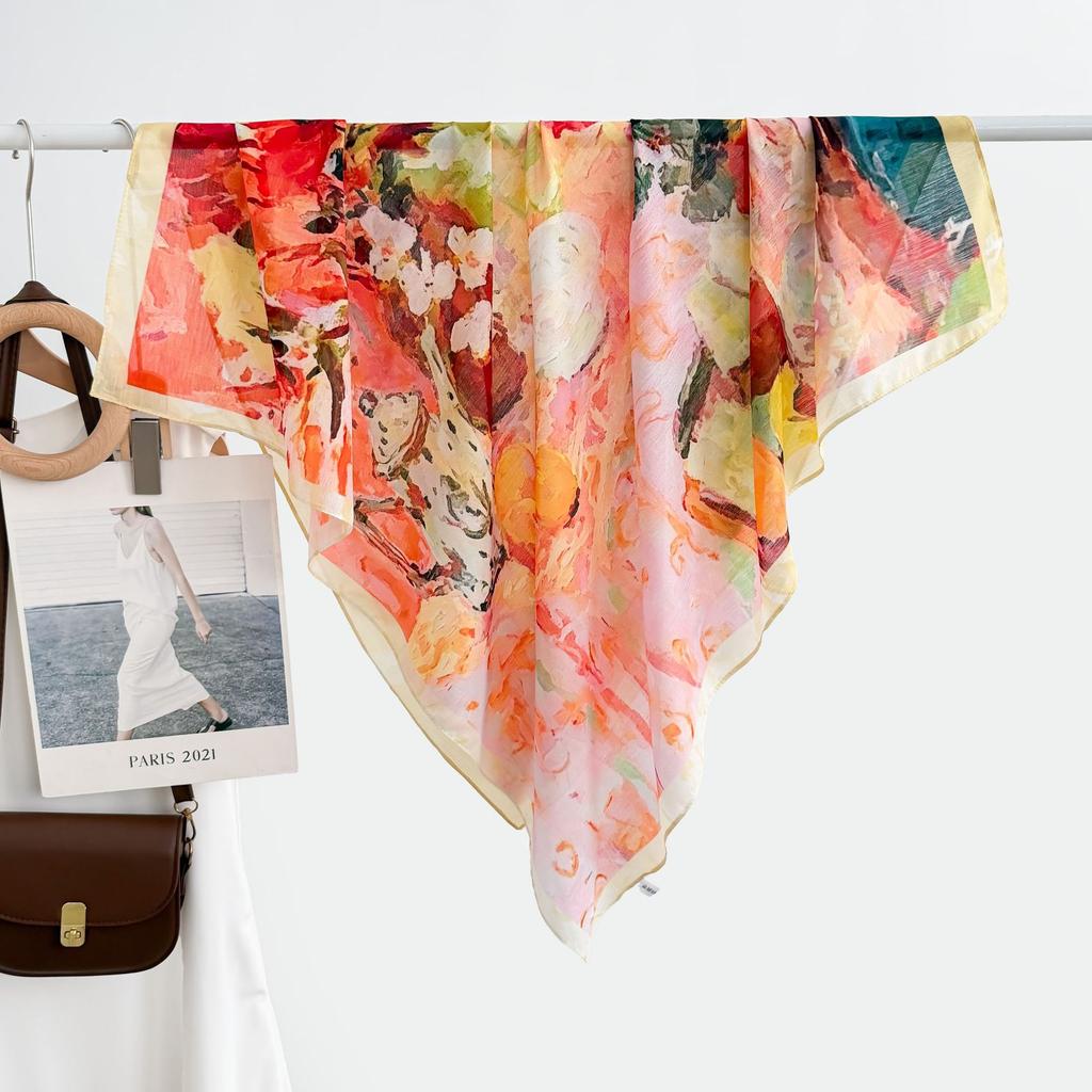 Retro oil painting 91 large square scarf silk scarf women's thin sunscreen spring and autumn headscarf scarf hair belt belt shawl