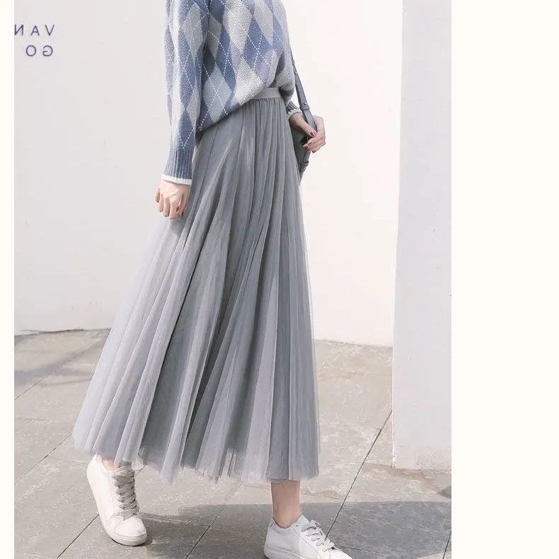 Винтажная юбка из тюля, женская уличная эластичная юбка с высокой талией, сетчатая плиссированная юбка, летняя элегантная корейская юбка-трапеция для офиса