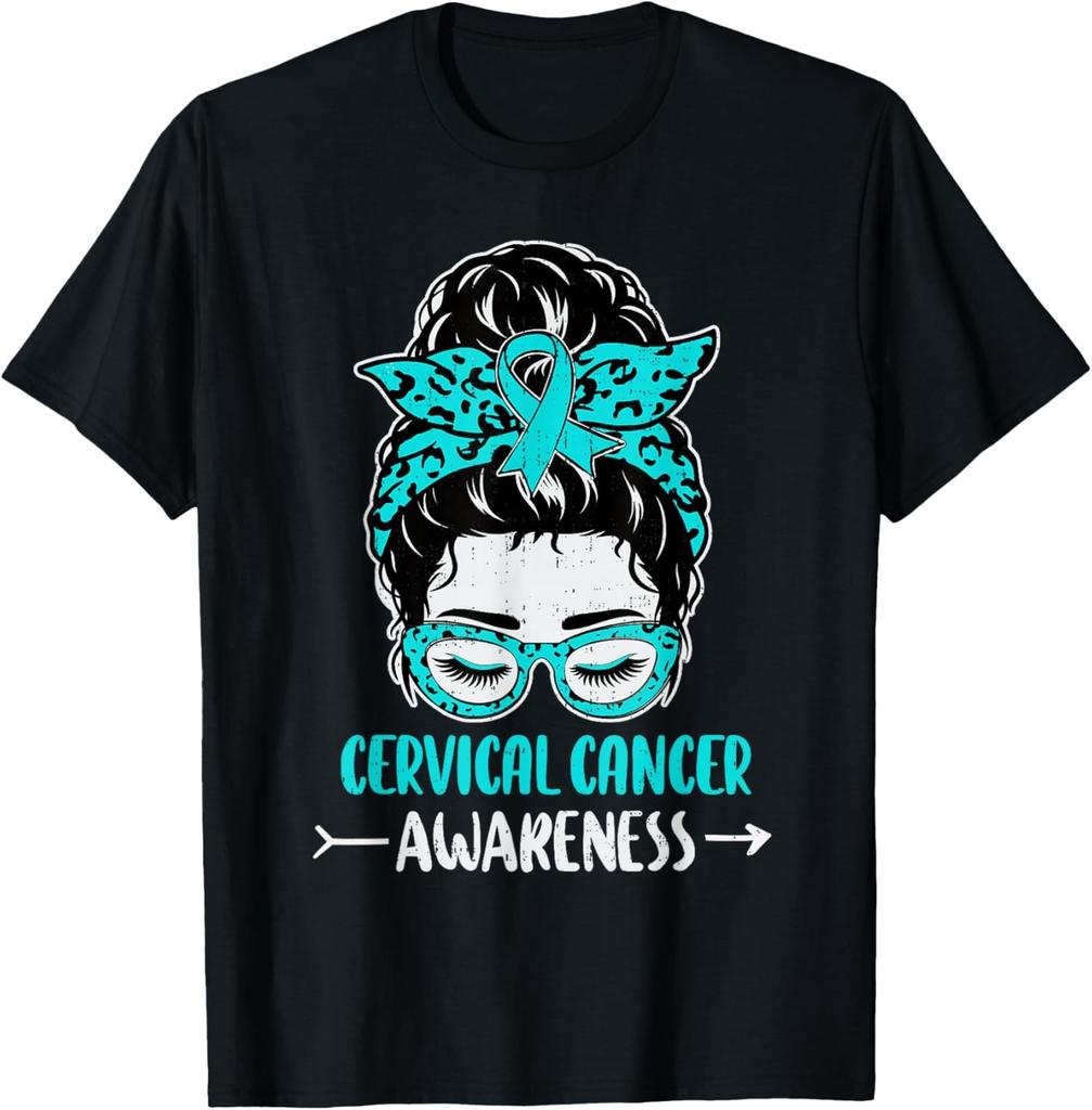 Cervical Cancer Awareness Messy Bun Ribbon Teal Unisex T-Shirt