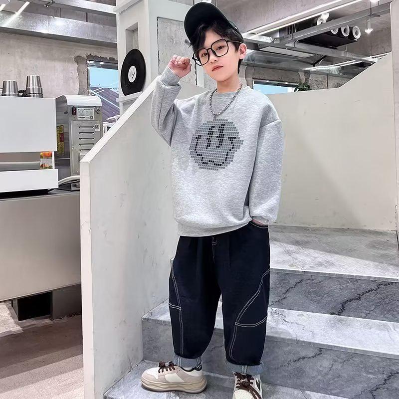 2024 Толстовка с длинным рукавом с принтом смайлика для мальчиков - Весенне-осенний стиль для больших и средних детей