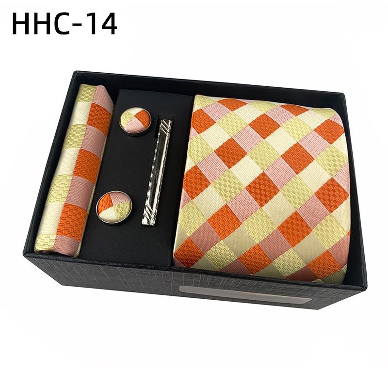 Men'S Striped Flower Plaid Tie Square Towel Cuffs Tie Clip Gift Box Set Business Casual Tie Black