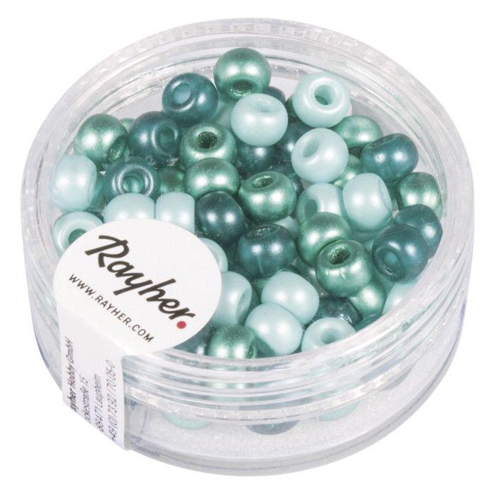 Mélange rocailles av.Grand trou, ø5,5mm, tons menthe, trou ø2mm, Boîte 80 pces