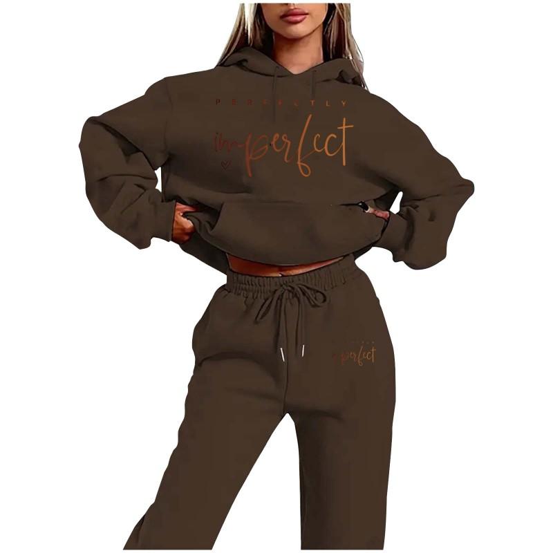 Womens Letter Print Hooded Sweatshirt Casual Pants Set Fashion Long Sleeve Tracksuit