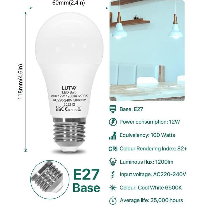 Светодиодная лампа - LUTW - E27 - Холодный белый 6500K - 12 Вт - Набор из 6 штук