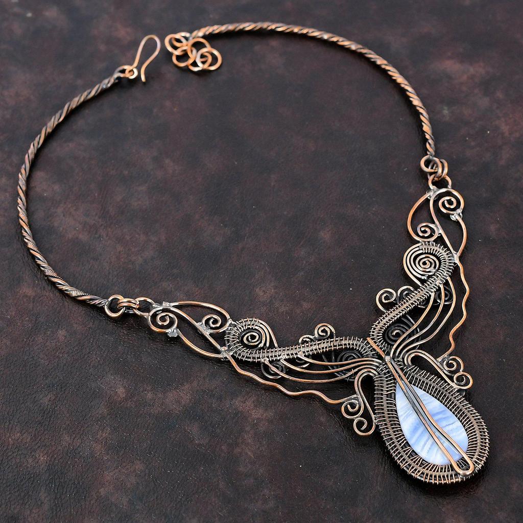 Ожерелье из синего кружева с агатом, ожерелье из медной проволоки, регулируемое ожерелье, ожерелье из драгоценных камней, медное ювелирное изделие, подарок для женщин, ожерелье ручной работы