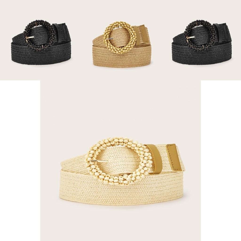 Simple Solid Color Bead Ring Buckle Decoration Women Woven Belt For Casual Ethnic Wear
