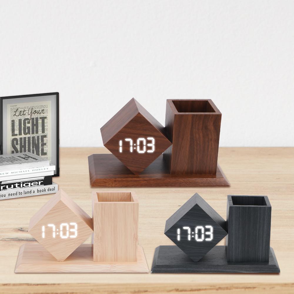 Будильник с температурой светодиодные часы держатель ручки голосовое управление деревянные студенческие светодиодные цифровые на батарейках офисное украшение