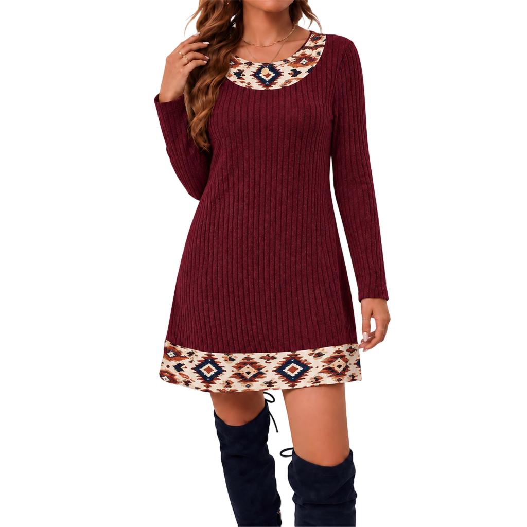 Women's Casual Round Neck Long Sleeve Plaid Patchwork Tunic Top Mid Length Blouse for Daily Wear