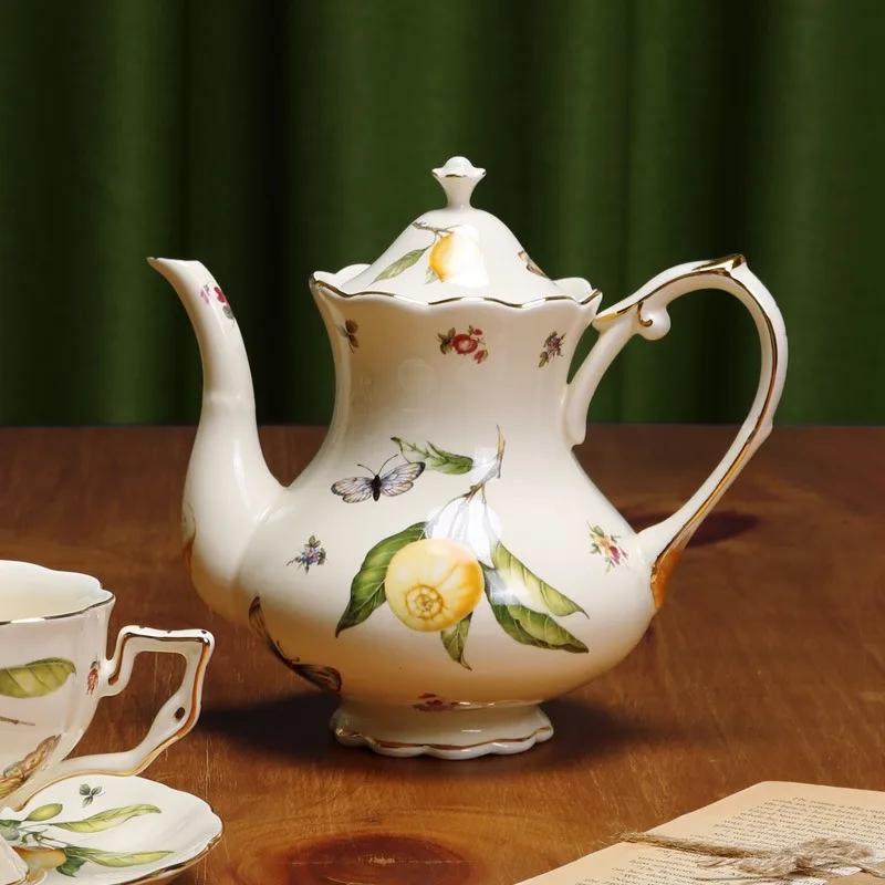 European Ceramics Coffee Cup and Saucer Elegant Lemon Pattern European Style Teapot Coffee Mug with Dessert Spoon Gift for Mom