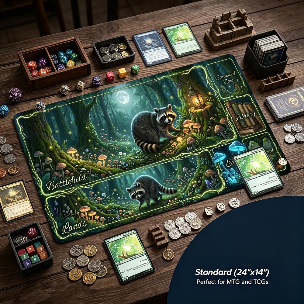 Forest Raccoon Mushroom Moon Game Mat Mouse Pad Playmat 24"X14" MTG TCG Office Desk Mat for Work Game PC Laptop Rug MousePad