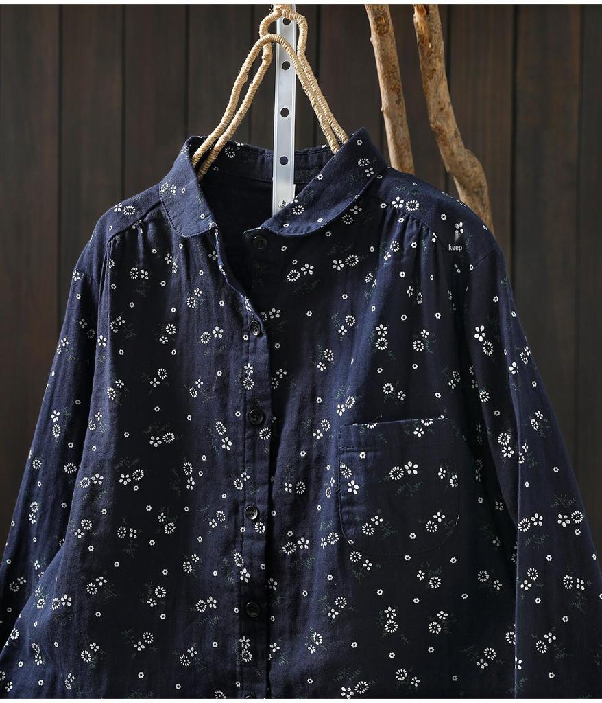 Женская рубашка из хлопковой марли с длинным рукавом в ретро-цветочном стиле, весна 2026