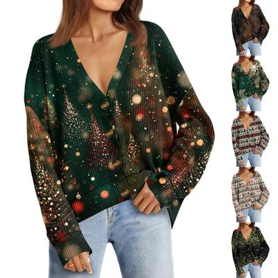 Женский модный кардиган с длинным рукавом, V-образным вырезом, на пуговицах, свободного кроя, с рождественским принтом