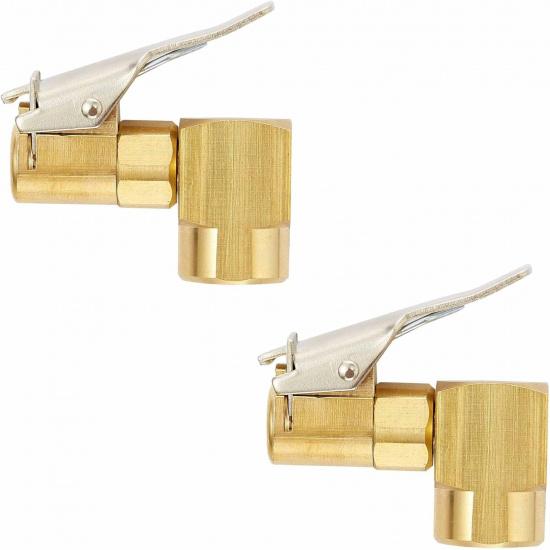 2PCS Heavy Duty Brass Air Chuck,1/4" Open Flow Right Angle Tire Inflator Lock-On SwivelAir Chuck with Clip, Silver & Golden