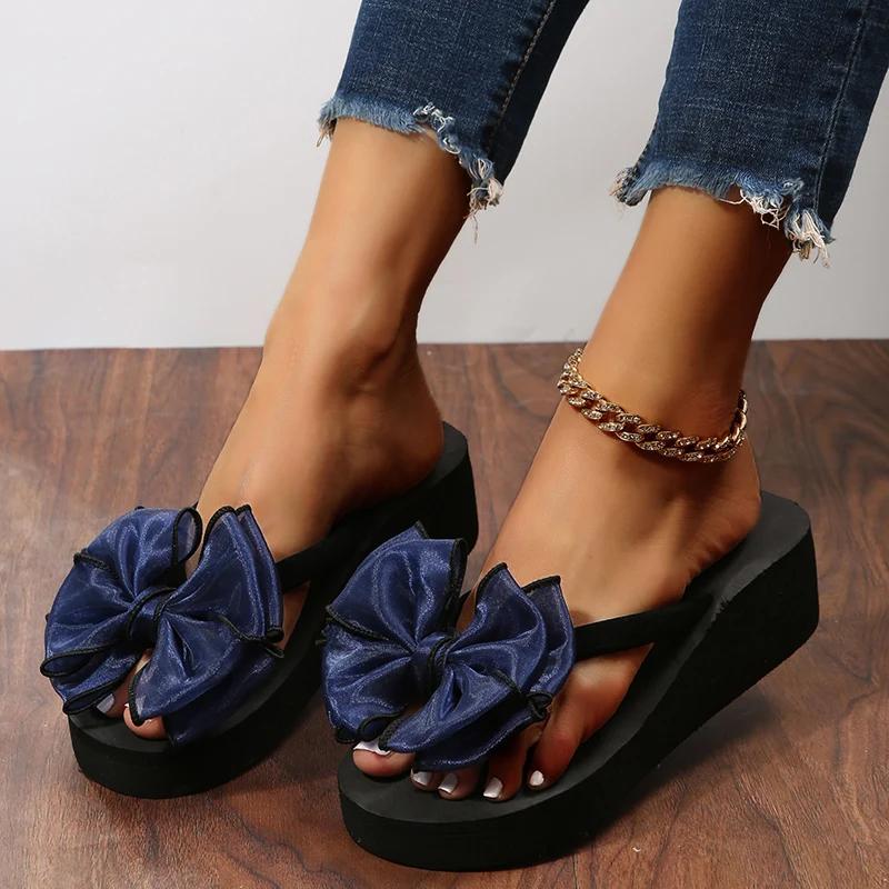 Модные Стильные Шлепанцы с Декором в Виде Банта-Узла Женские Новые Пэчворк Средний Каблук Шлепанцы Женщина Отпуск Пляж Мягкая Подошва Сандалии Mujer